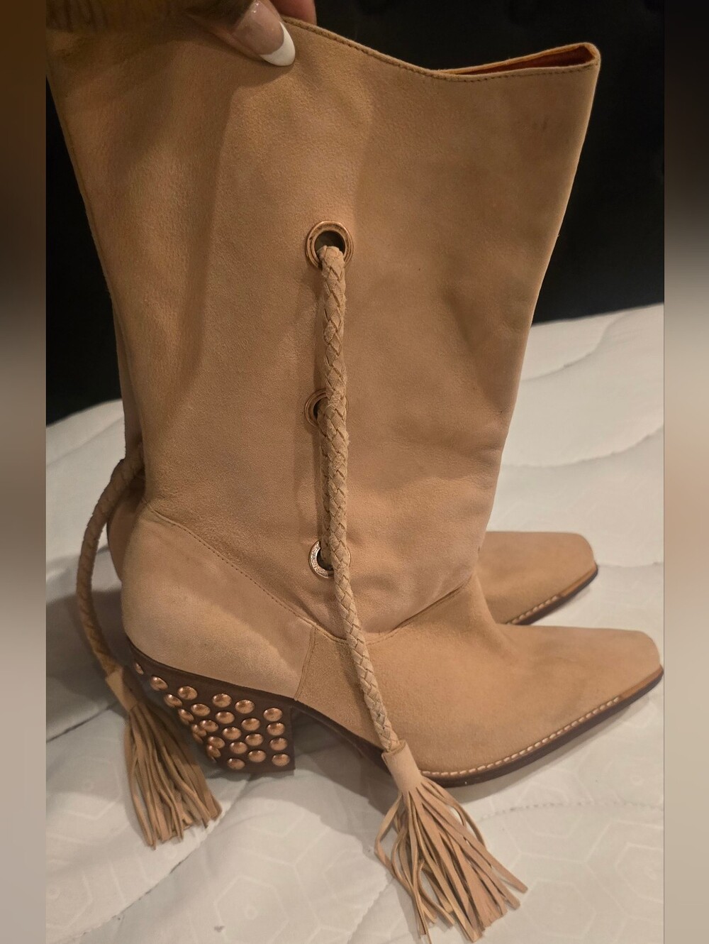 Free PEOPLE- Studded Tassel Mid-Calf Heeled Boots in Camel